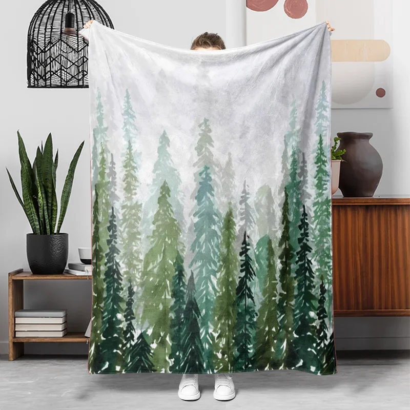 Cozy Forest Green Pine Tree Woodland Scenery Throw Blanket for Sofa Bedding Decor 150x230cm