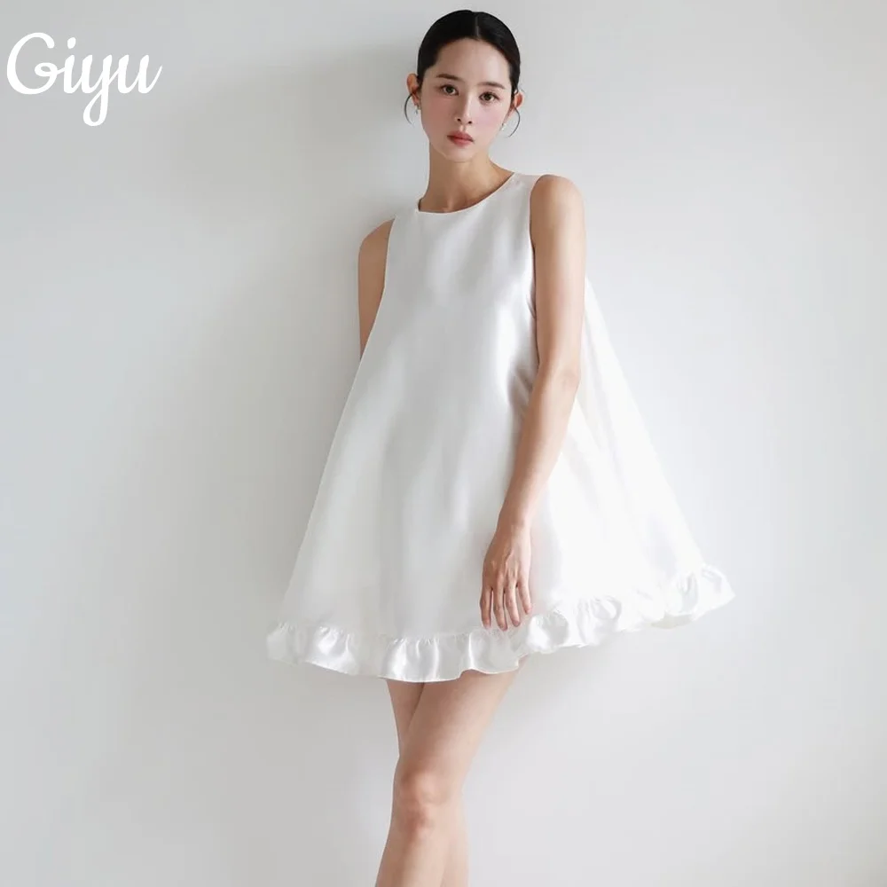 

Giyu Customized Simple Ivory Satin O-Neck Short Wedding Dress Back Button Ruffle Sleeveless Korea Photoshoot Bridal Gown 2025