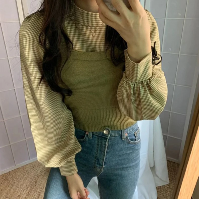 Neploe Women Plaid Shirts Tops Elegant Sets Lantern Sleeve Blouse Slim Knit Cropped Sweater Vest 2023 Korean Two Piece Suits