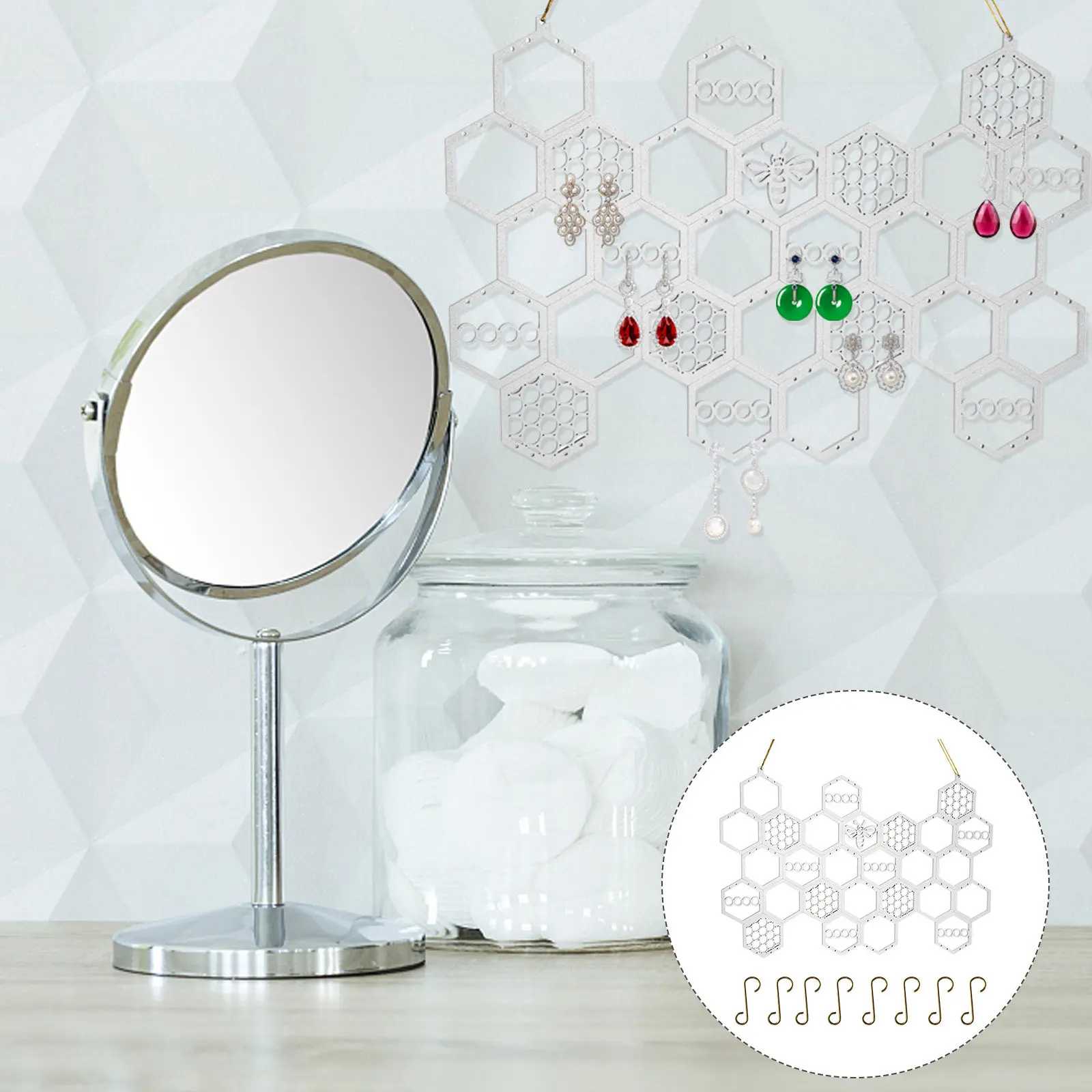 Household Earring Display Rack Honeycomb Design Wooden Jewelry Storage Rack Desktop Hanging Jewelry Organizer Decorative Display