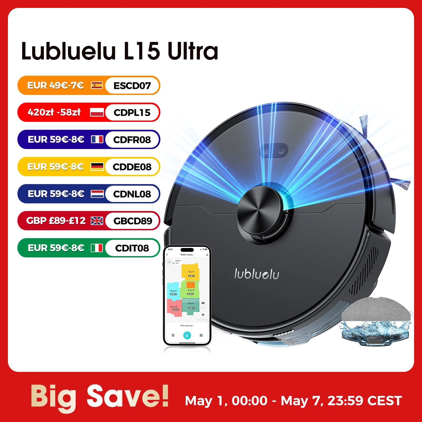 Lubluelu 5000Pa Suction, Robot Vacuum and Mop Combo, Laser Lidar Navigation, 60 day capacity, App/remote , 200 mins Runtime