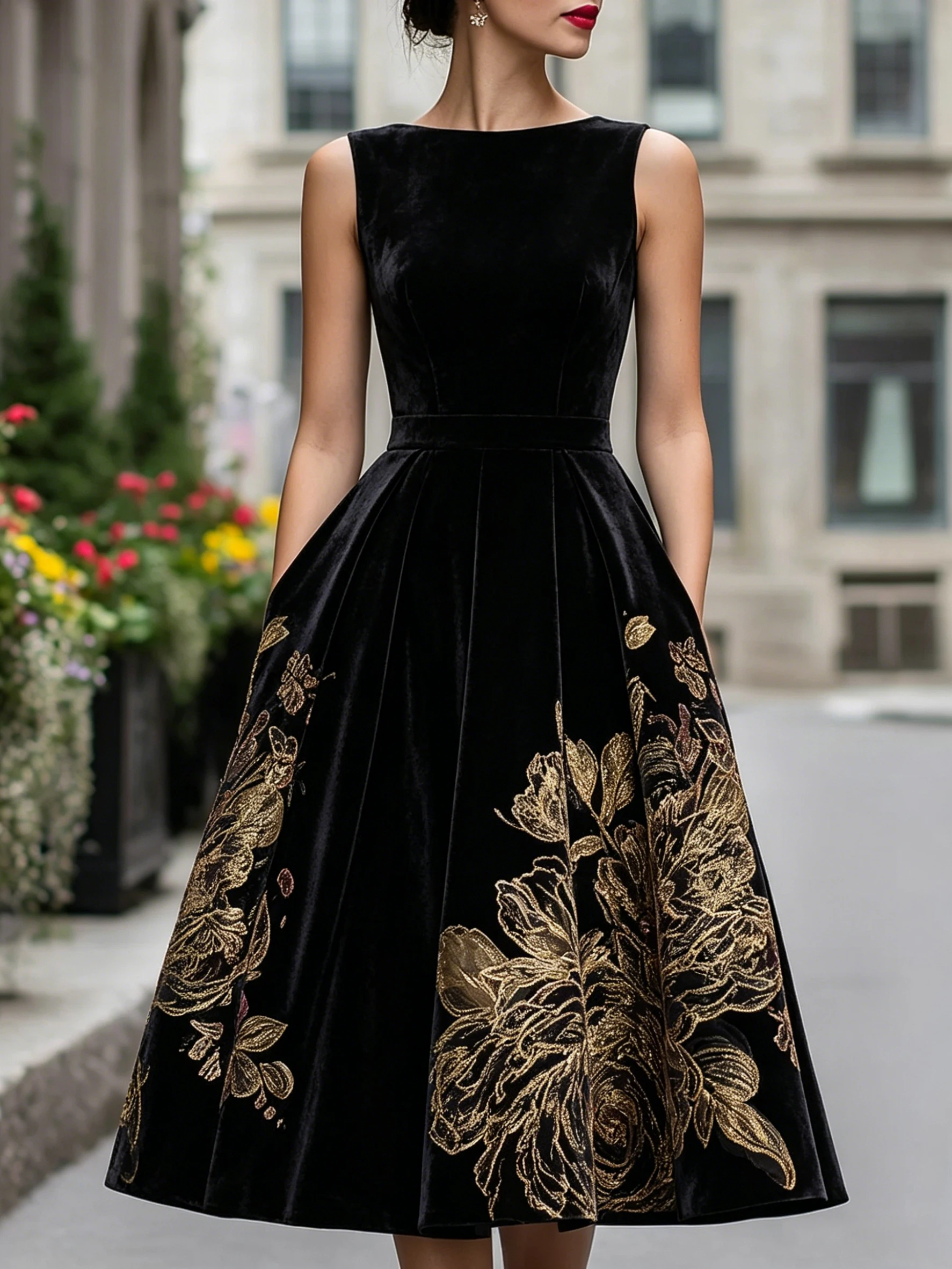 

Artistic floral threadwork Dress with Classic Chic Vintage Sleeveless A-Line Midi Dress for Formal Casual Occasions Dresses