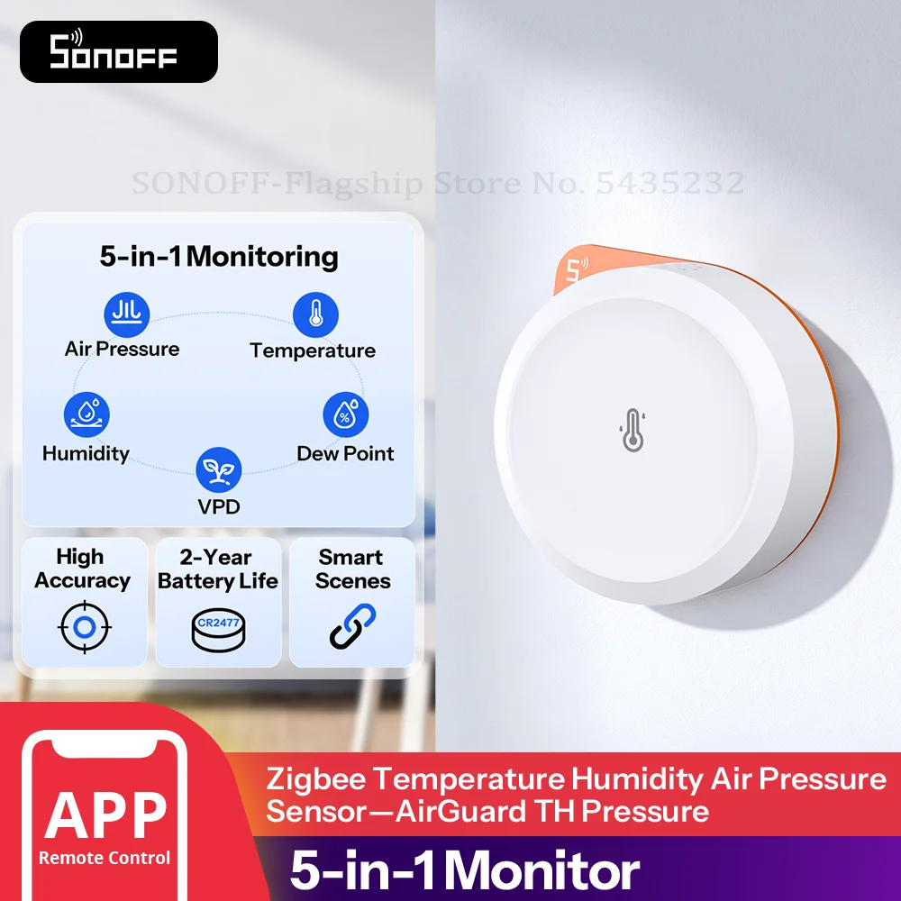 Image of SONOFF SNZB-02M AirGuard TH Zigbee Temperatur-Feuchtigkeits-Luftdruck-Sensor, 5-in-1 Monitor mit Taupunkt & VPD, Unterstützt Zigbee 3.0