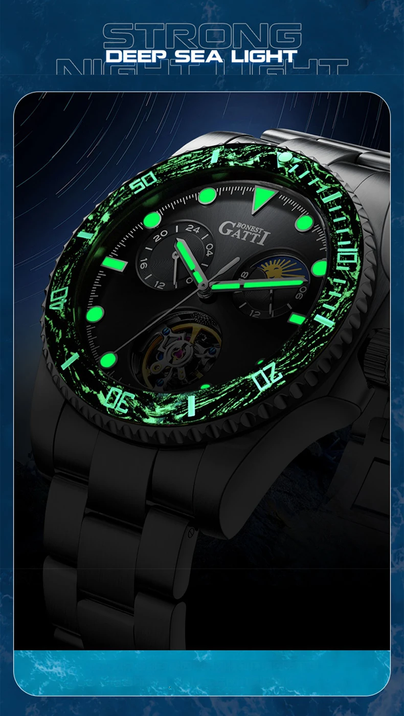 BONEST GATTI Orologio automatico da uomo 42mm Orologio da polso meccanico 10Bar Zaffiro quadrante scheletrato luminoso Lunetta in fibra di carbonio