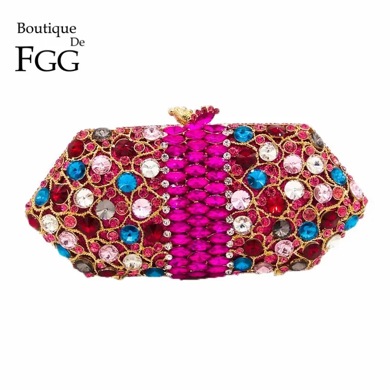 

Boutique De FGG Women Hot Pink Crystal Clutch Evening Bags Formal Party Minaudiere Handbags Bridal Wedding Purses Bag