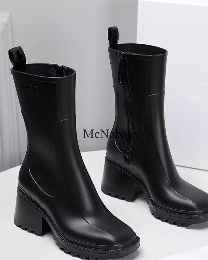 Trendy And Versatile Women Mid-Calf Rain Boots Square Toe Chunky Middle Heel Environmental Protection PVC Zipper Design