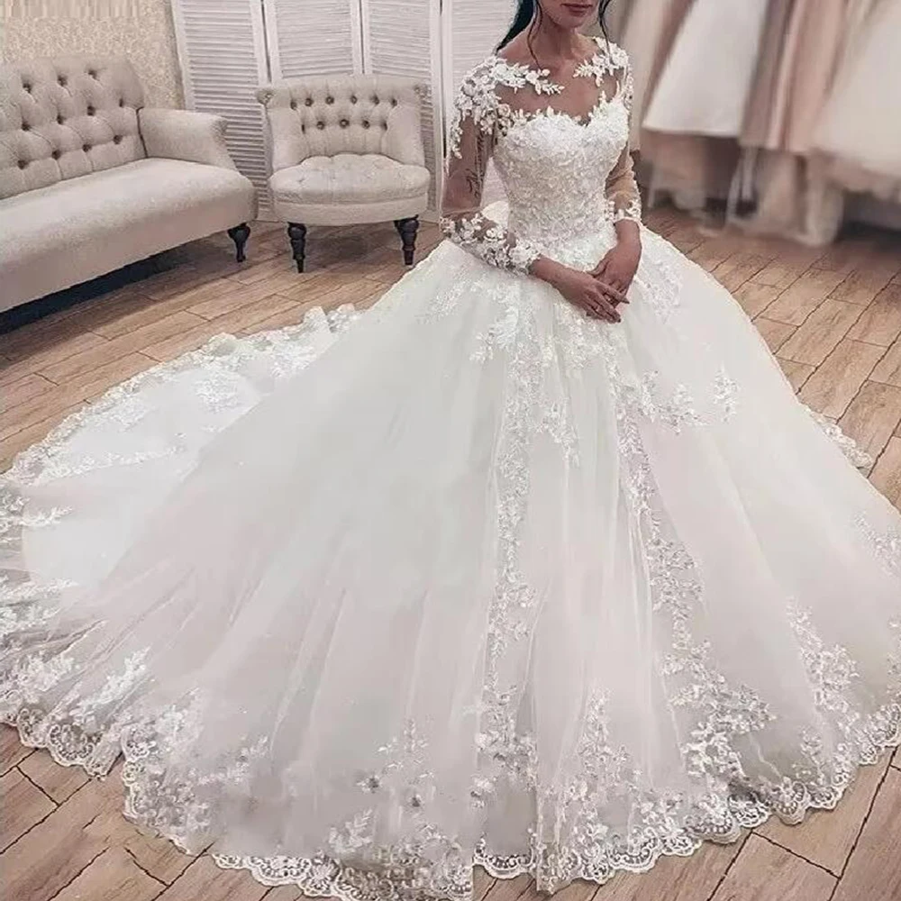 Vestidos de novia con apliques de encaje brillante, vestidos de novia personalizados de manga larga con apliques de encaje, ropa Formal para fiesta de graduación para mujer 2025