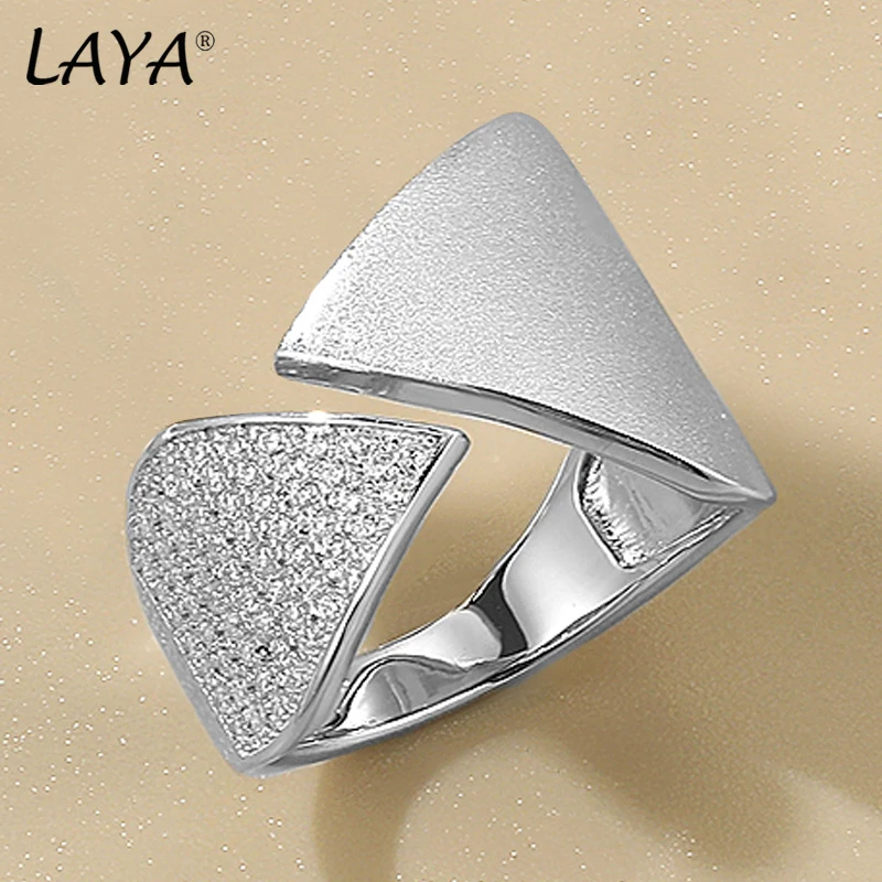 LAYA Real 925 Sterling Silver Shining Zircon Satin Finish Ring Triangle Cross Opening Ring Creative Handmade Luxury Fine Jewelry