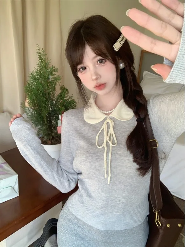 

Корейский вязаный свитер с длинными рукавами, воротником-бантом и приталенным силуэтом, для женщин, осенняя новинка