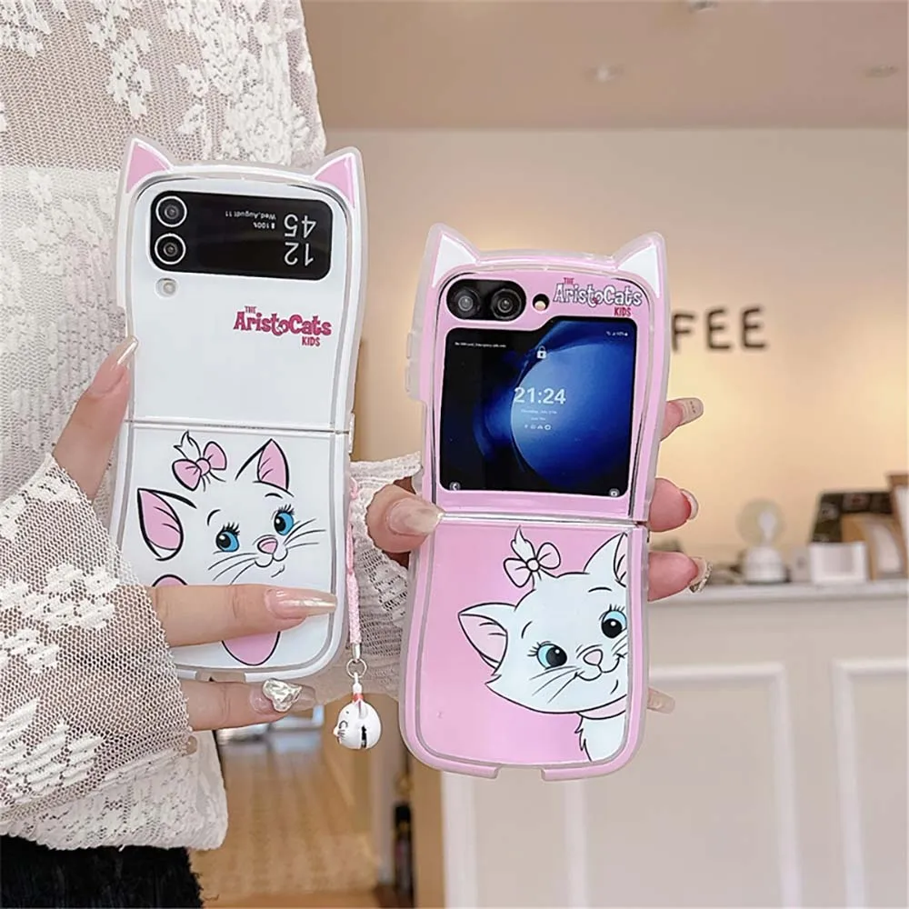 Disneies Marie Cat 3D Cat Ear With pendant Phone Case for Samsung Galaxy Z Flip 3 4 5 6 5G PC Hard Anti-drop Back Cover Funda