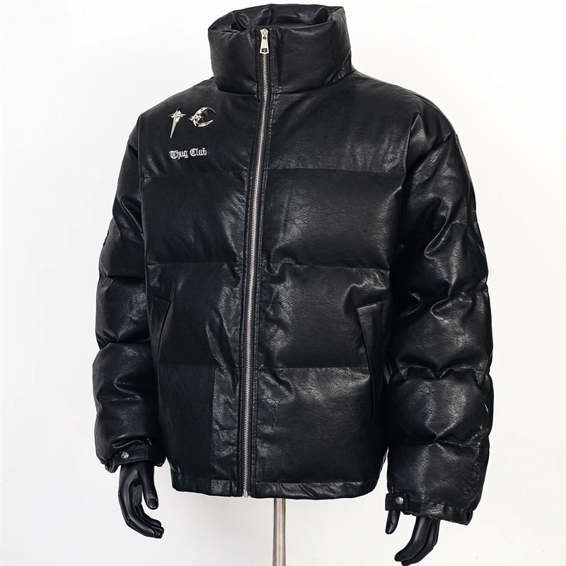 ThugClub American Style Metal Decorated Thickened Bread Coat Cotton Jacket Stand Collar Warm Simple PU Leather Cotton Jacket ...