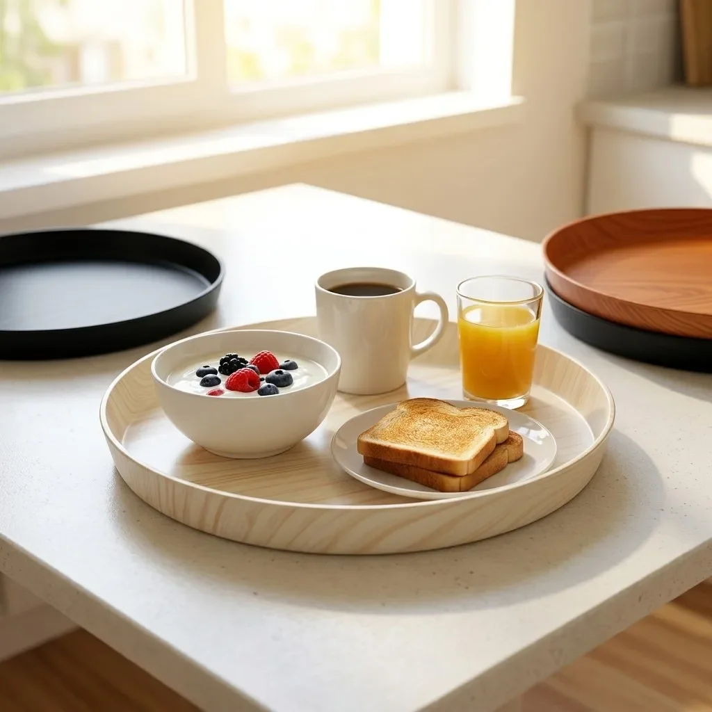Round Wood Grain Decorative Serving Tray Food Tea Coffee Breakfast Trays Plastic Kitchen Organizer Storage Stackable Raised Edge