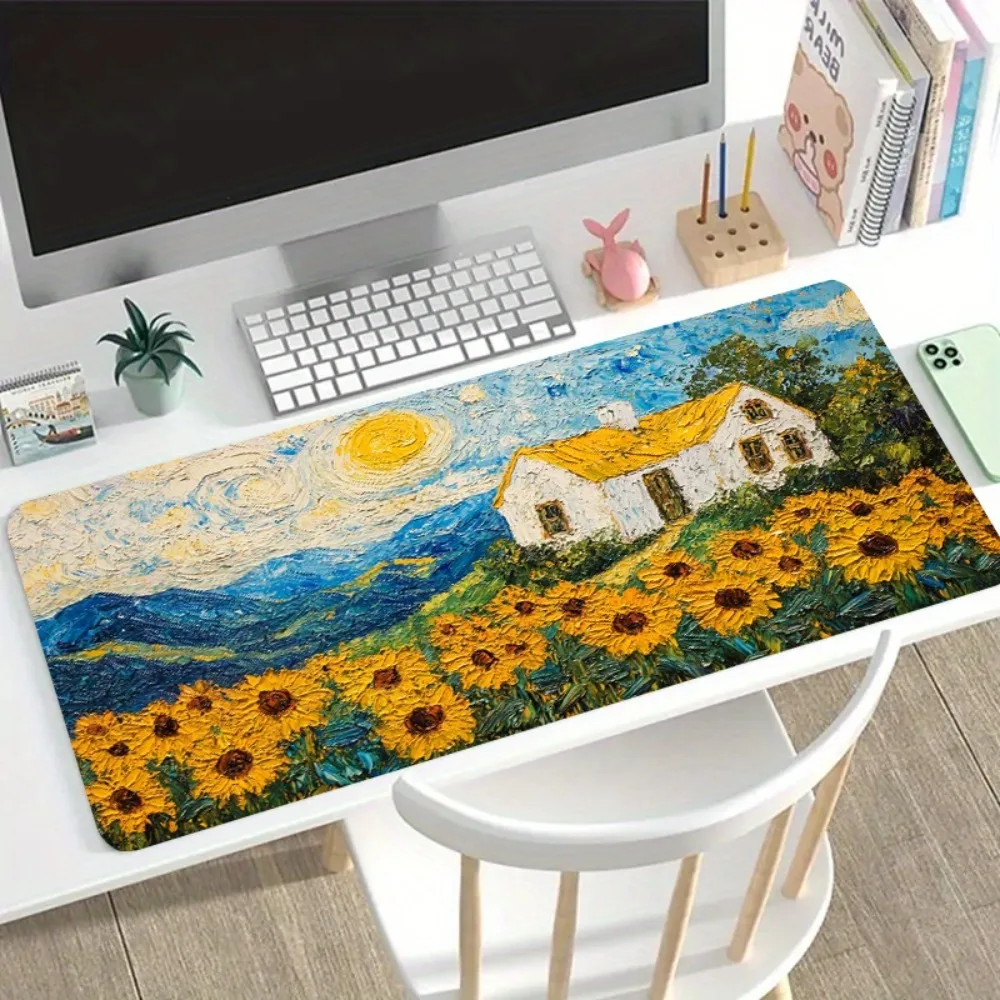 Impressionist Sunflower Cottage Extended Mouse Pad, Large Non-Slip Desk Mat for Art Lover & Home Office