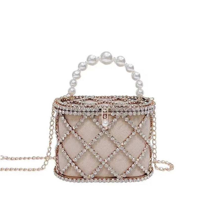 Luxurious Pearl Handbag Water Diamond Bird Cage Bag New Rhinestone Ballroom Bag Bling Flash Diamond Handheld Shoulder Bag