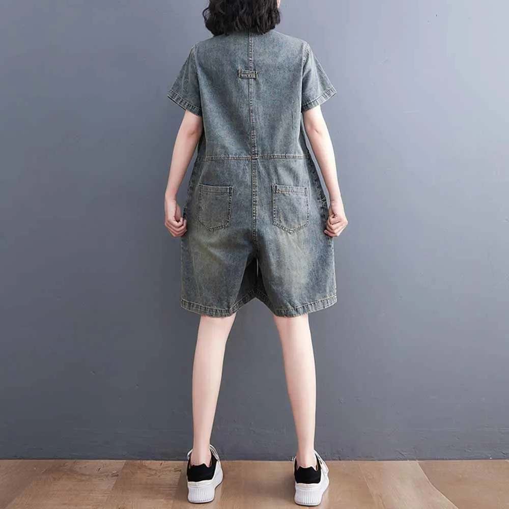 Summer Denim Overalls Short Sleeve Jumpsuit Women Vintage Streetwear Hip Hop Loose Wide Leg One Piece Shorts Sets Jeans Romper