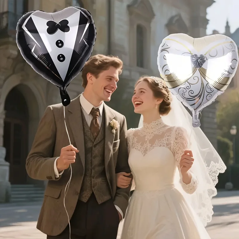 6-teiliges Elegantes Schwarz-Weißes Smoking & Braut Herz-Ballon-Set Verlobungs- und Hochzeitsdekoration Hochzeitsfotografie-Requisiten