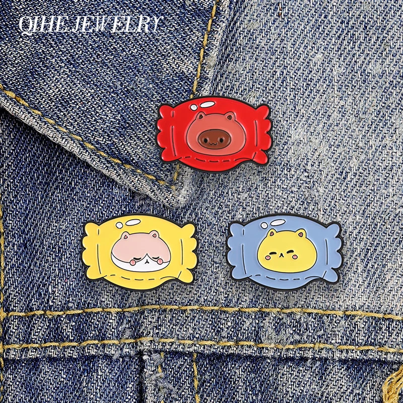 Cute Capybara Hamster Cat Candy Wrapper Badge Enamel Pin Cartoon Candy Animal Design Brooch Bag Lapel Badge Fashion Jewelry Gift