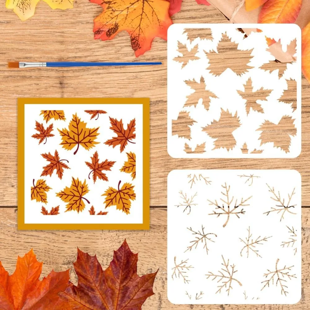 2 PCS Layered Maple Leaves Stencils with Brush 5.9x5.9inch Leaf Blades and Veins Pattern Drawing Stencil Autumn Theme