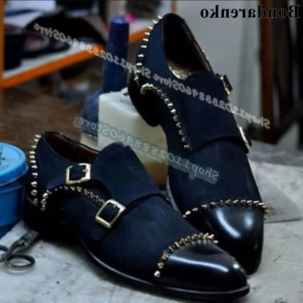 Black Leather Flock Splicing Rivets Buckle Strap Men Pumps Flats Shoes For Men Slip On Banquet Fashion Catwalk 2026 Men Pumps