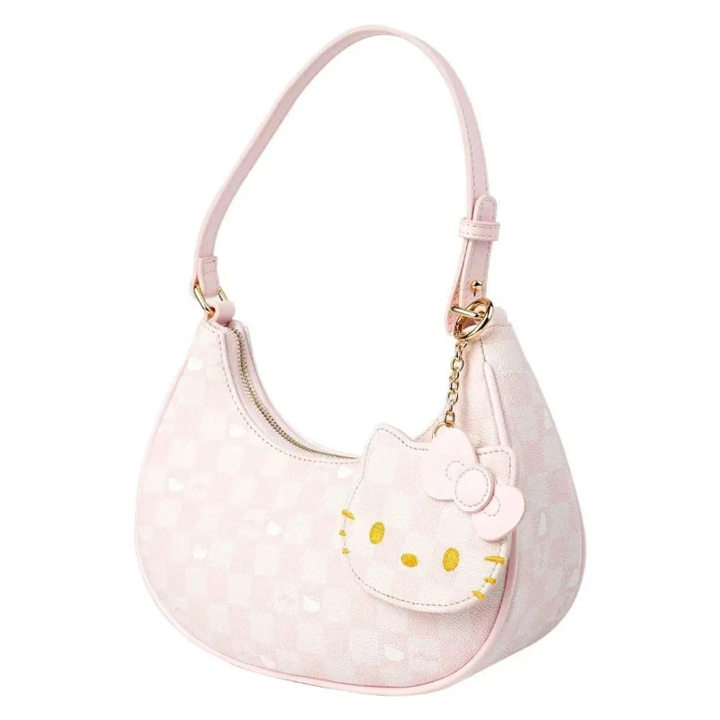 Miniso senhoras couro do plutônio axila saco olá kitty rosa xadrez bonito crescente bolsa de ombro bolsa tote