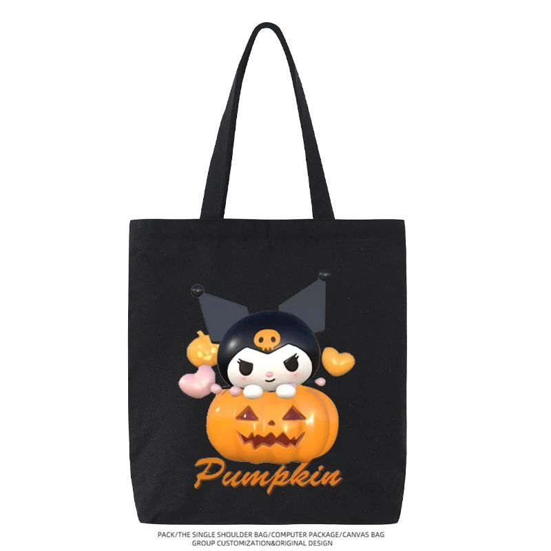 Sanrio Kawaii Anime Cinnamoroll Kuromi Pochacco Halloween Pumpkin Lantern Cartoon Pattern Canvas Bag Cute Handbag Gift Wholesale