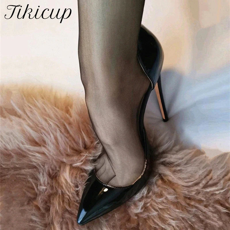 Tikicup Classic Black Women Side Open Pointy Toe High Heel Shoes Glossy Elegant Dress Slip On Stiletto Pumps Sexy Wedding Shoes