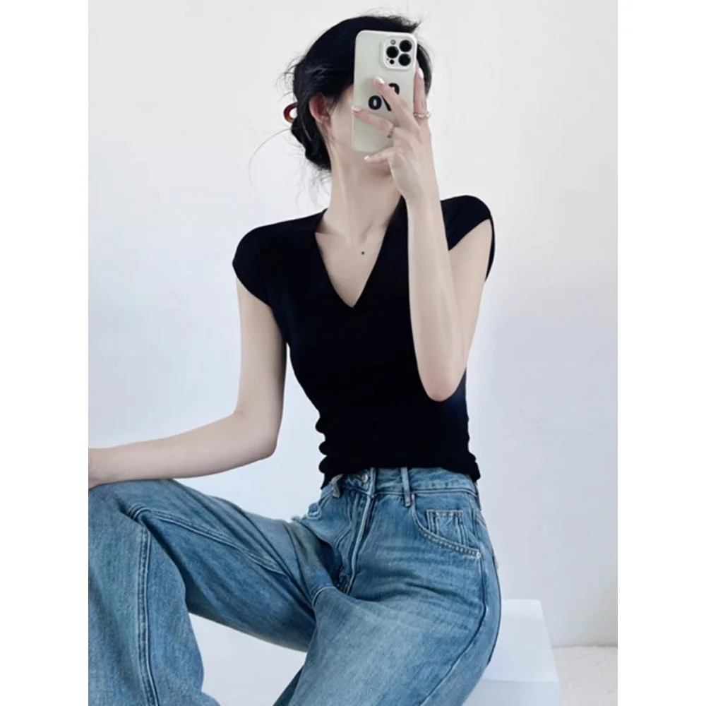 

Women's T-shirt Elegant V-neck Summer Fly Sleeves Slim Knitted Shirt Woman Clothing Summer Straight Shoulder Clothes Tee Costume