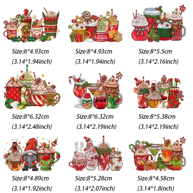 9piece Exquisite patterns on Christmas ice cream Fashionable women Patches For Clothing DIY Washabl Iron On Heat Transfer Stcike