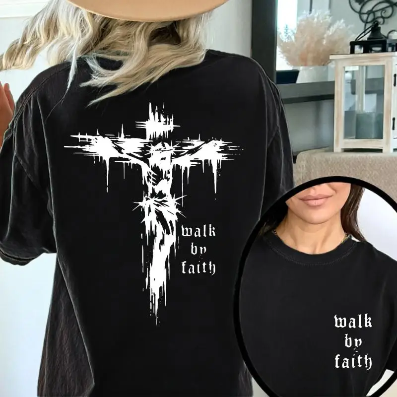 

Vintage Oversized T-Shirt "Walk by Faith" Christian Religious Slogan Tee Jesus Christ Cross Graphic Top Streetwear