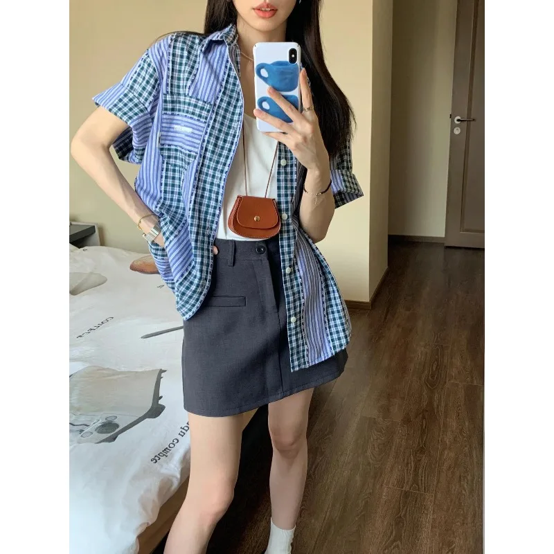 

Летний женский комплект 2025: повседневная свободная блузка в стиле ретро, винтажный образ для милых девушек, клетчатая футболка с пышными рукавами и кардиган