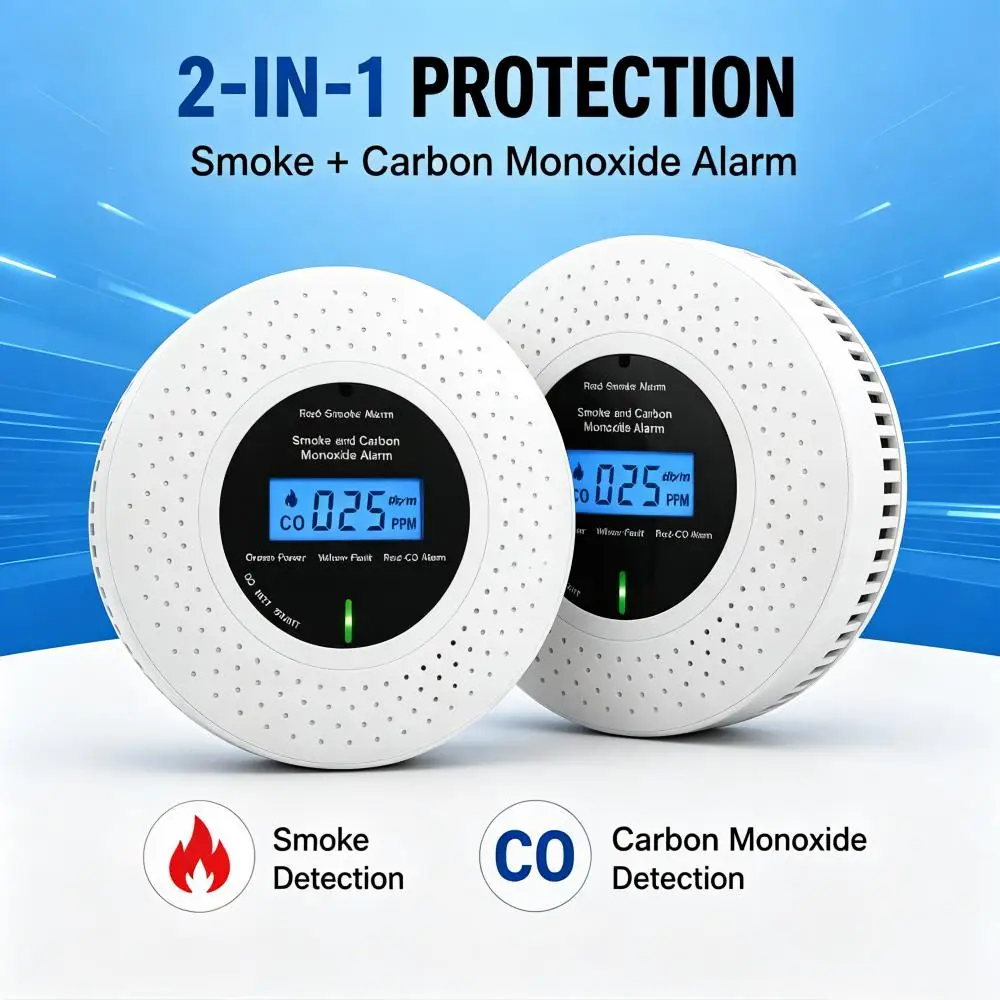 Smoke Carbon Monoxide Detector 2-in-1 with LCD Display, Photoelectric Smoke Sensor 10 Years Life CO Detector for Home,  2 Pack