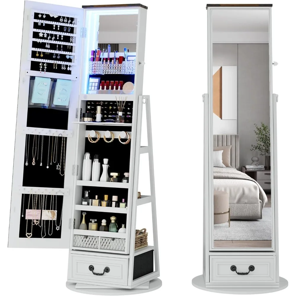 

Jewelry Organizer Cabinet with Full-Length Mirror, 360° Rotating Vanity Mirror, LED Lighting, Lockable Storage, Large Cabinet St