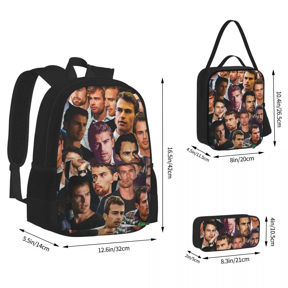 Theo James Photo Collage Backpacks Boys Girls Bookbag School Bags Rucksack Lunch Bag Pen Bag Three-Piece Set