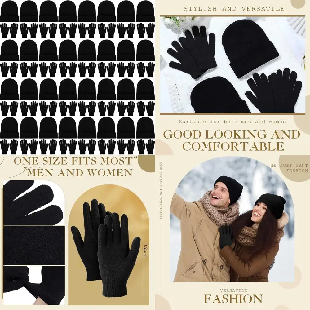 

64 Pcs Warm Knit Glove Hat Bulk Windproof Cap Gloves Set Winter Beanies Gloves Pack for Men and Women