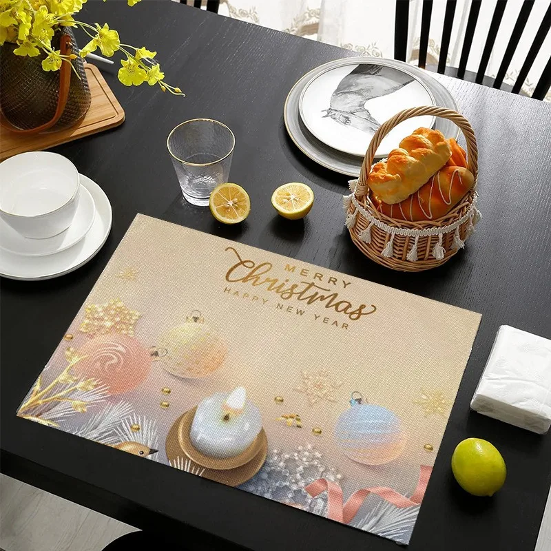 VIKAMA Linen Placemats Snowman Cardinal Birds Pink Green, Stain Resistant Easy to Clean, Dining Table Holiday Home Decor