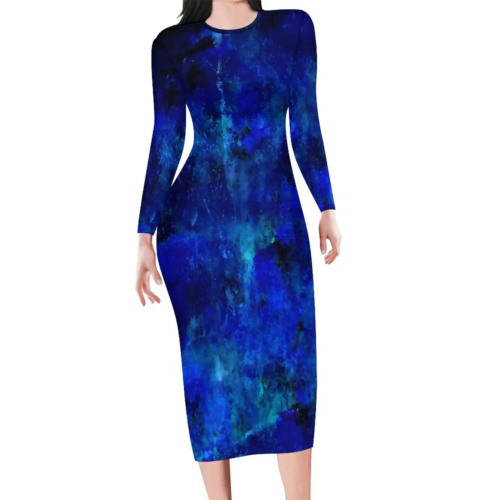 Blue Paint Splatter Dress Long Sleeve Abstract Print Street Wear Dresses Autumn Bodycon Dress Woman Graphic Big Size Clothes