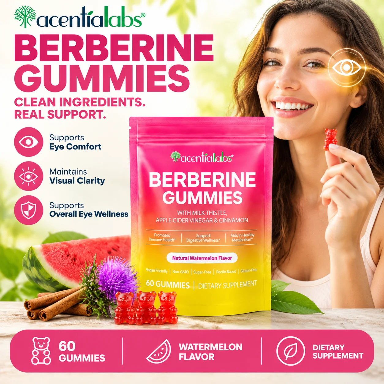 Acentiallabs Berberine Gummies Anti Fatigue Promotes Digestion Provides Energy & Comfort To The Intestines Body Management 60pcs