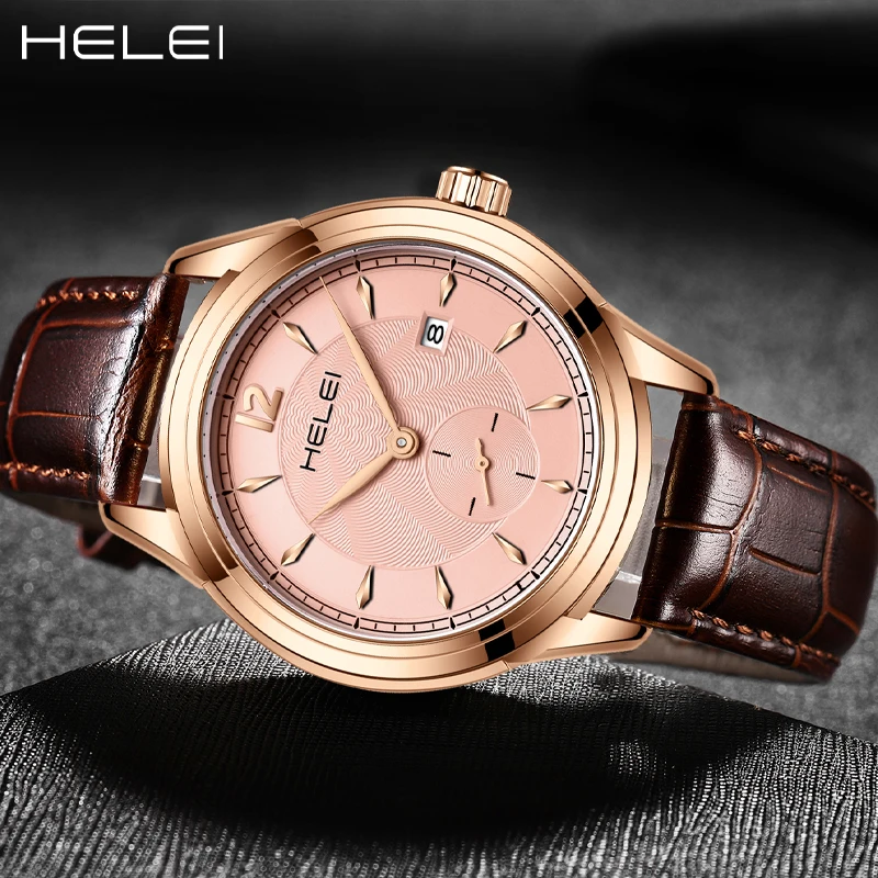 HELEI Fashion new sports casual quartz watch date genuine leather silicone strap men's wristwatch