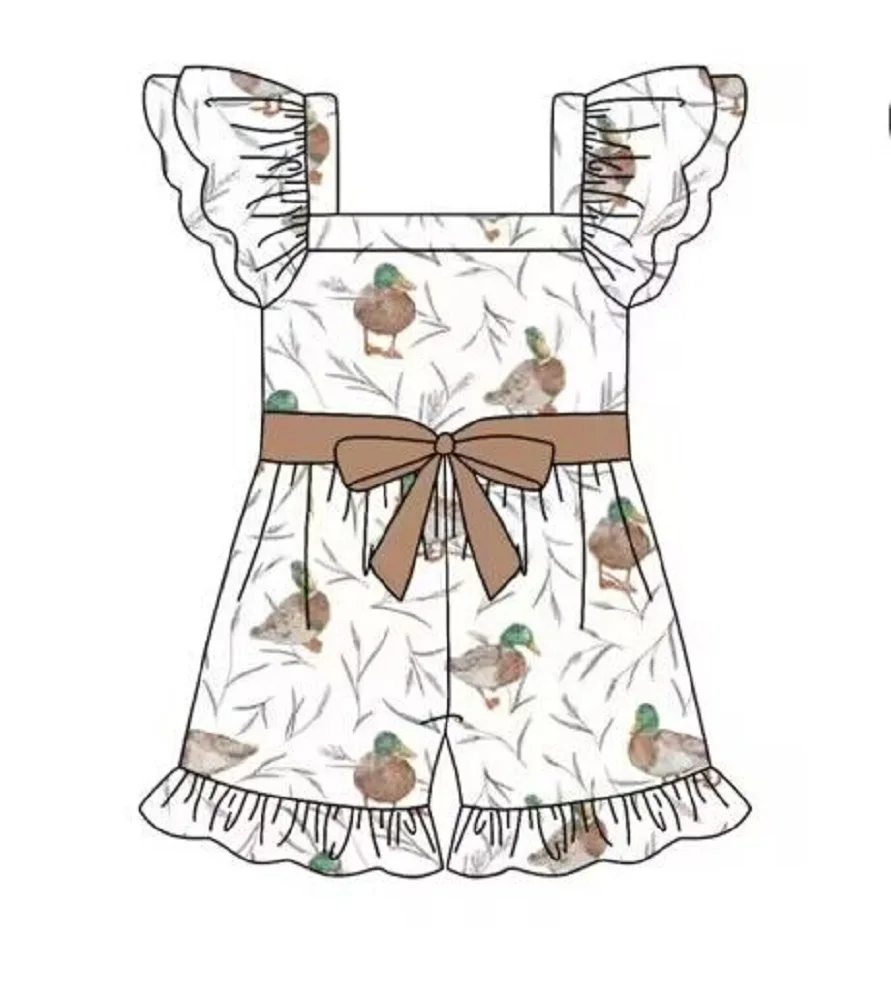 

Baby Girl Summer Cartoon Print White Flutter Short Sleeve Shorts Brown Bow Decorated Boutique Jumpsuit