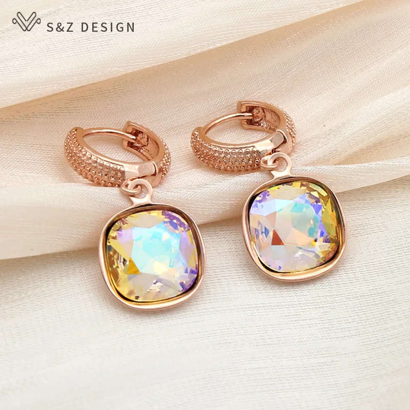 S&Z DESIGN New Fashion Colorful Square Crystal Dangle Earrings For Women Wedding Jewelry Gift 585 Rose Gold Color Eardrop