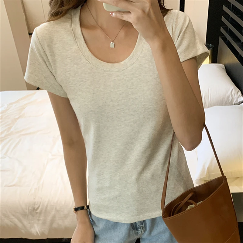 Summer Oatmeal Grey O-Neck Women's T-Shirts 2023 New Short Sleeve Casual Slim Shirts Fashionable Bottom Short Tops Female