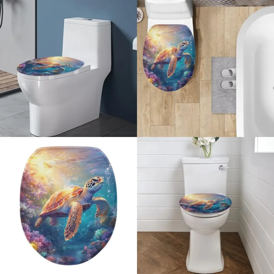 

Удлиненный чехол на сиденье унитаза с милой морской черепахой для декора ванной комнаты, моющийся чехол на сиденье унитаза с эластичным дном для современного и