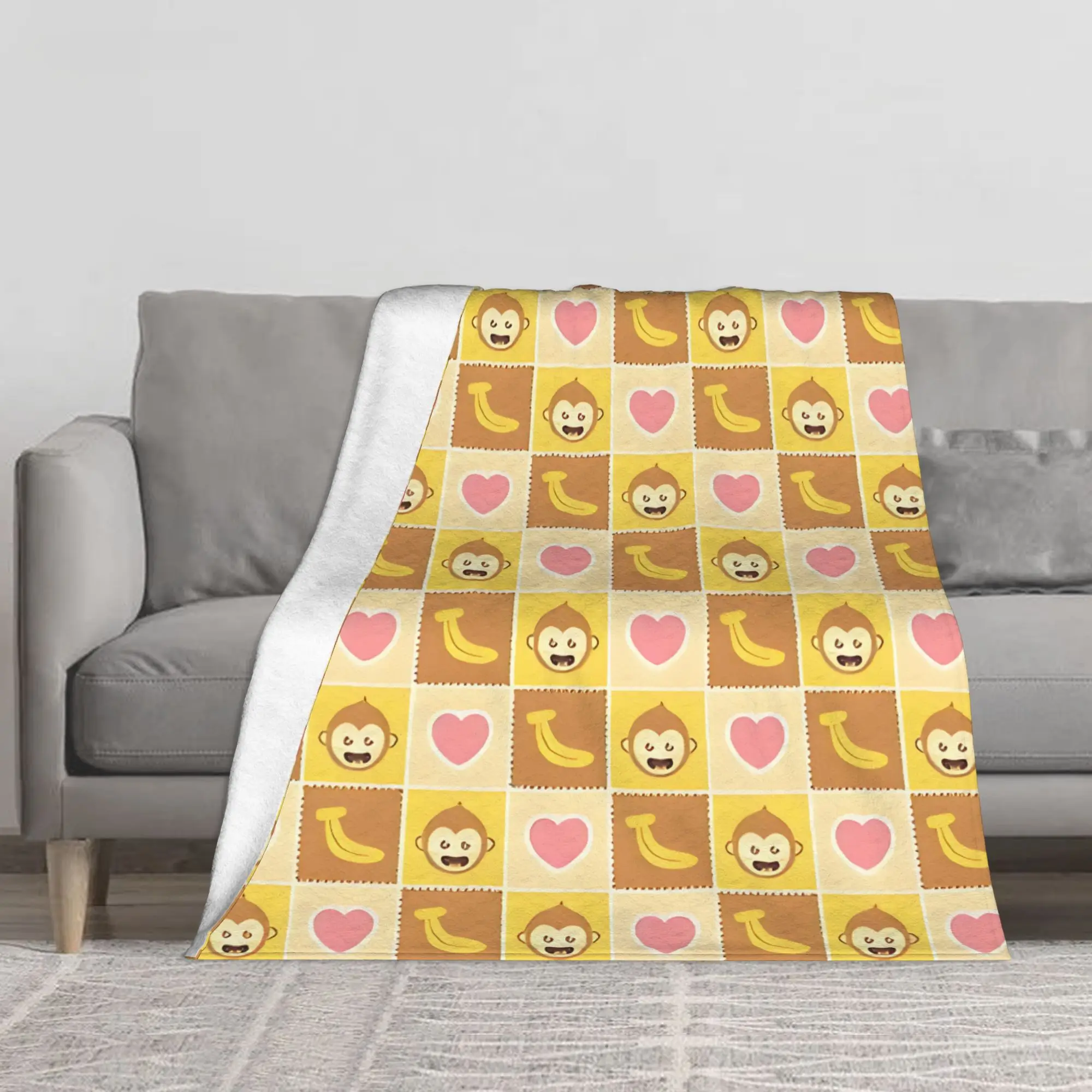 1PC Cute Monkey And Banana Pattern blanket Throw Furry Winter Blankets for Adults Bedding Home Interior Fluffy Plaid Sofa Knee