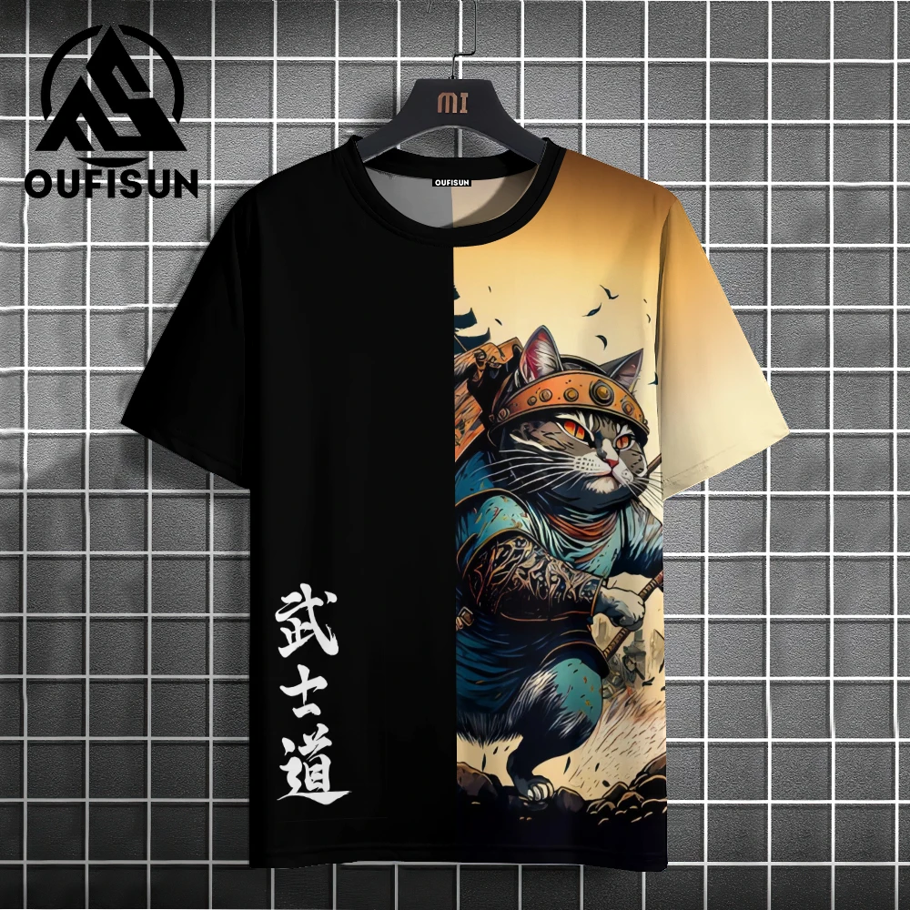 Japanese Anime Samurai Cat T-Shirt For Men 3d Animal Print Short Sleeve Tops Tees Casual T-Shirt Oversized Shirt  Men Clothing