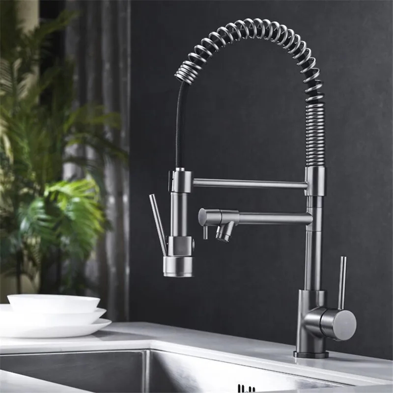 Gun Grey Kitchen Faucets,Brass Sink Mixer Pull Down type Taps,Single Handle,Hot & Cold,Rotating Dishsink Crane Vessel,Chrome