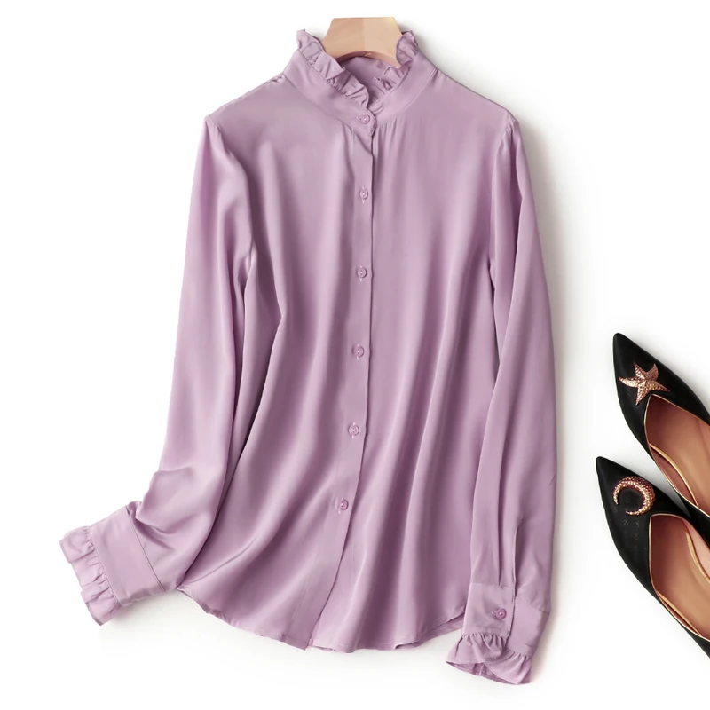 

100% Mulberry Silk Purple Color Women Long Sleeve Shirt Ruffles Stand Neck Buttons Down Top Blouse Office Work M L XL FF061