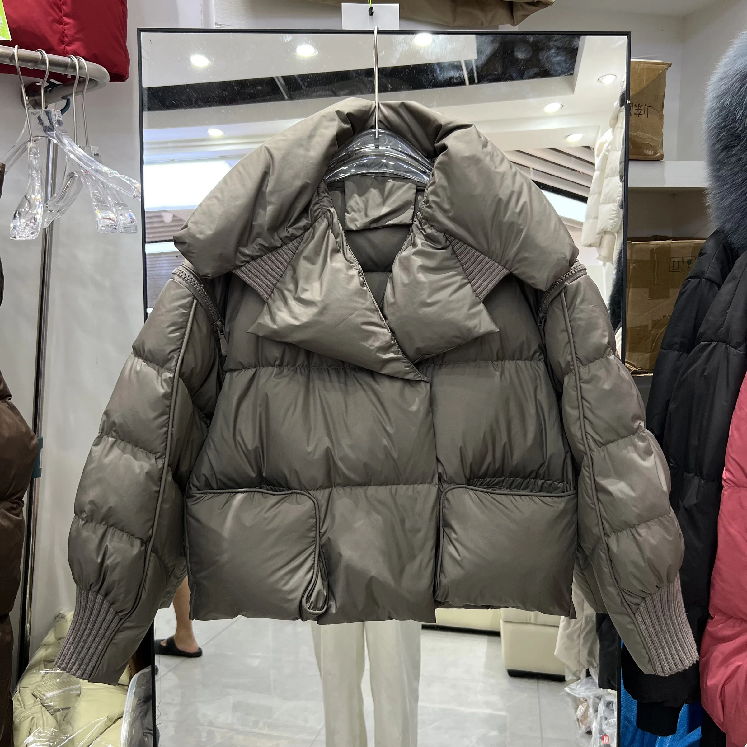 高級ホワイトダックダウンショートダウンジャケット冬のファッションニットスプライシング大きな折り返し襟厚みのあるパファージャケットパーカー