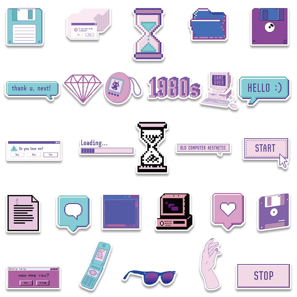 53pcs Ins Style Cute Cartoon Purple Blue Stickers For Laptop Guitar Phone Notebook Fridge Waterproof Graffiti Bicycle Decals