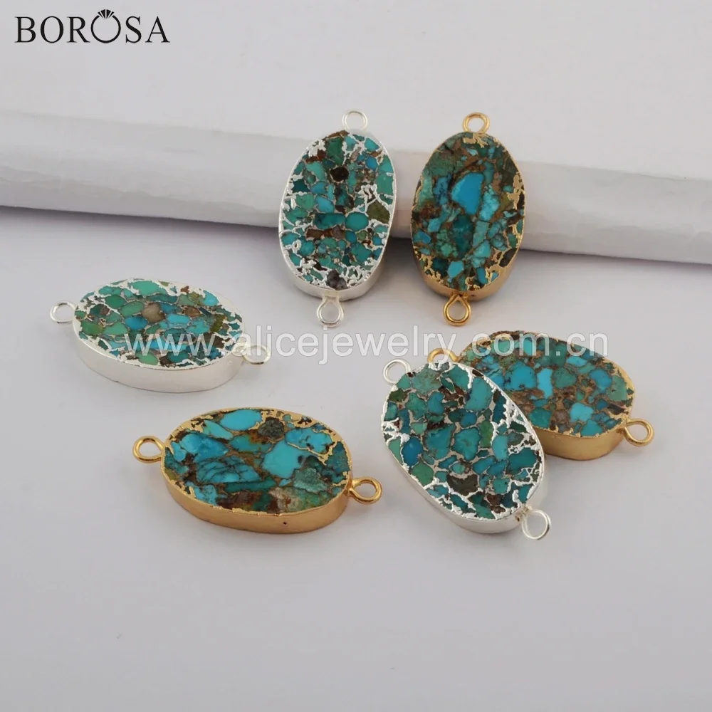 

BOROSA Oval Shaped Golden Plated Natural Copper Turquoises Connector Natural Howlites Stone Silver Double Charms for Bracelet