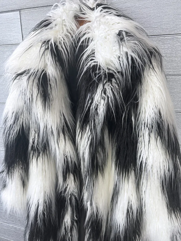 Abrigo largo de piel sintética con estampado para mujer, abrigo grueso elegante con cuello vuelto, chaquetas cálidas, abrigos sueltos para mujer, ropa de calle para invierno 2025